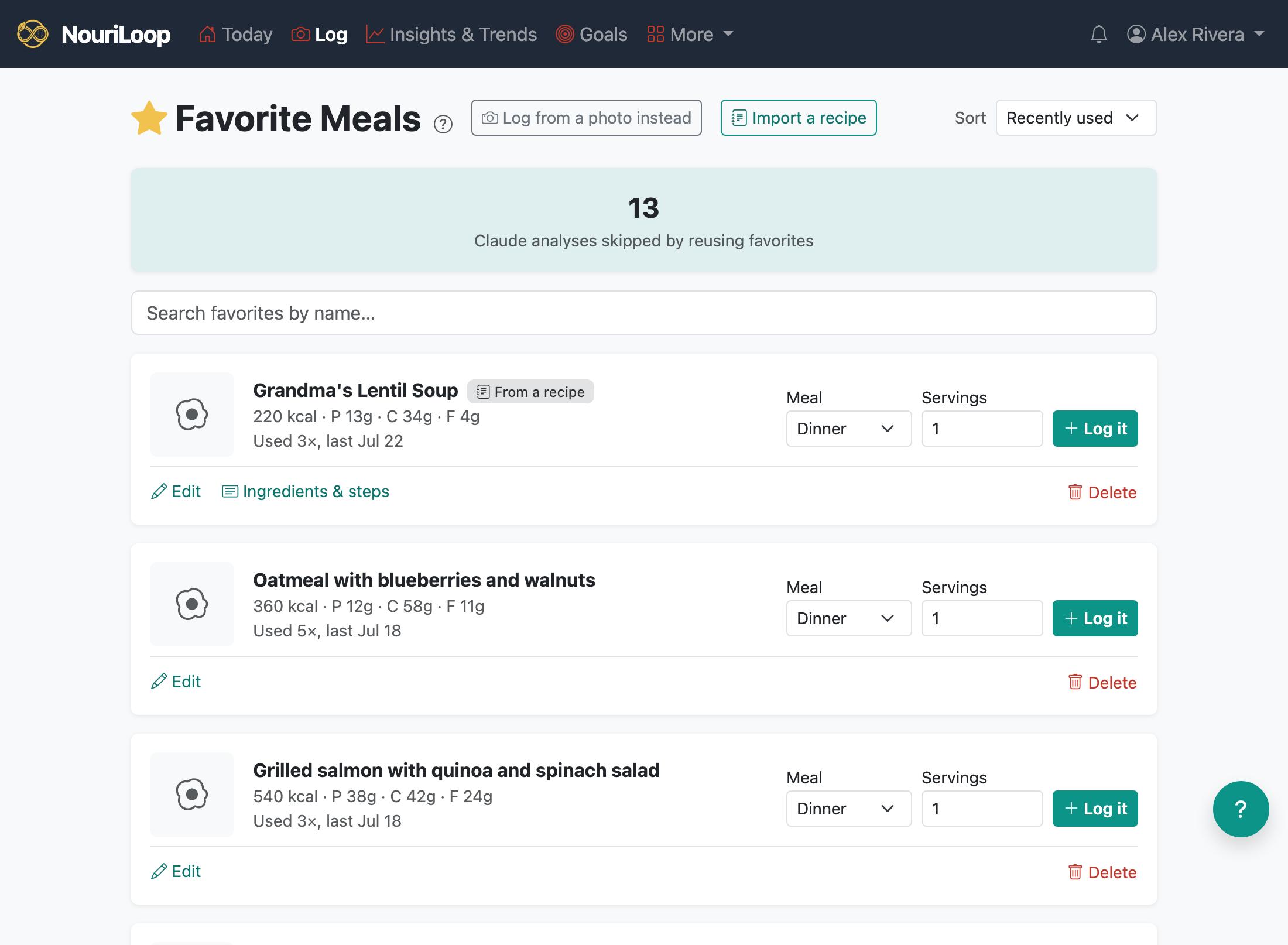 The Favorite Meals screen, where saved meals can be re-logged in one tap