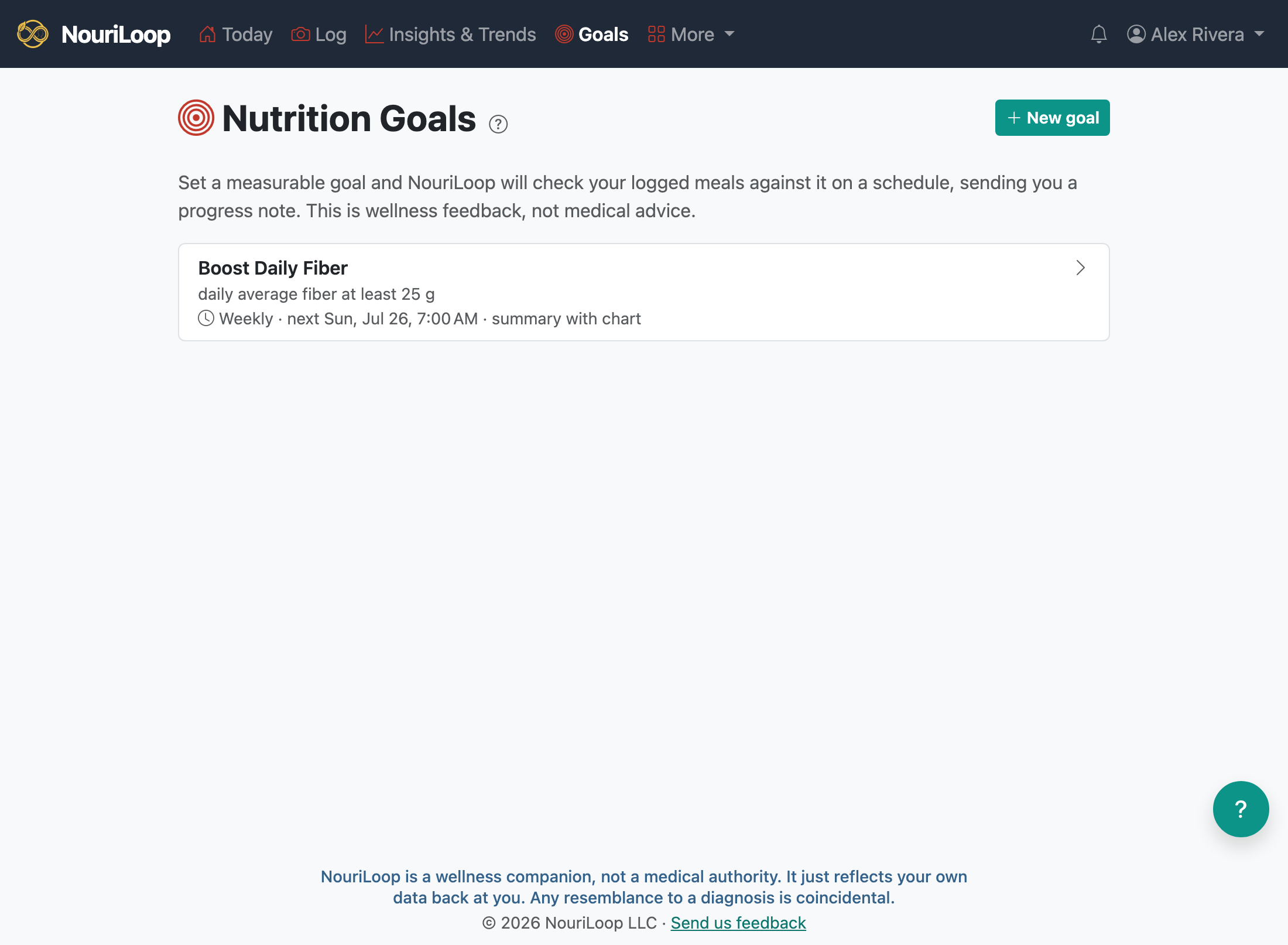 The Nutrition Goals page showing a goal and its scheduled check-in