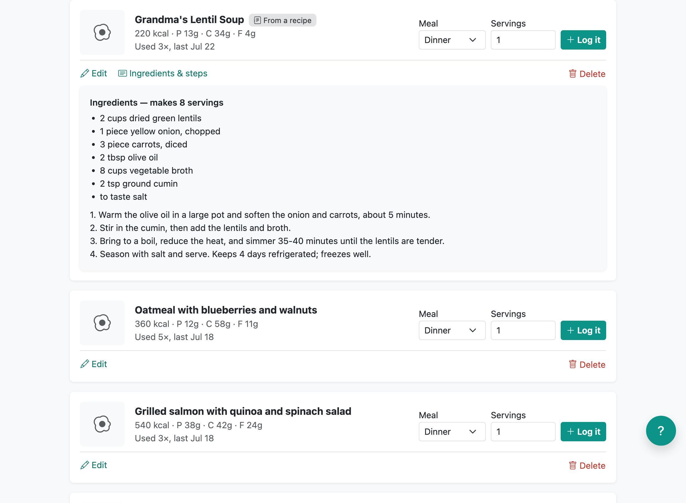 An imported recipe on the Favorites page with its ingredients and steps open