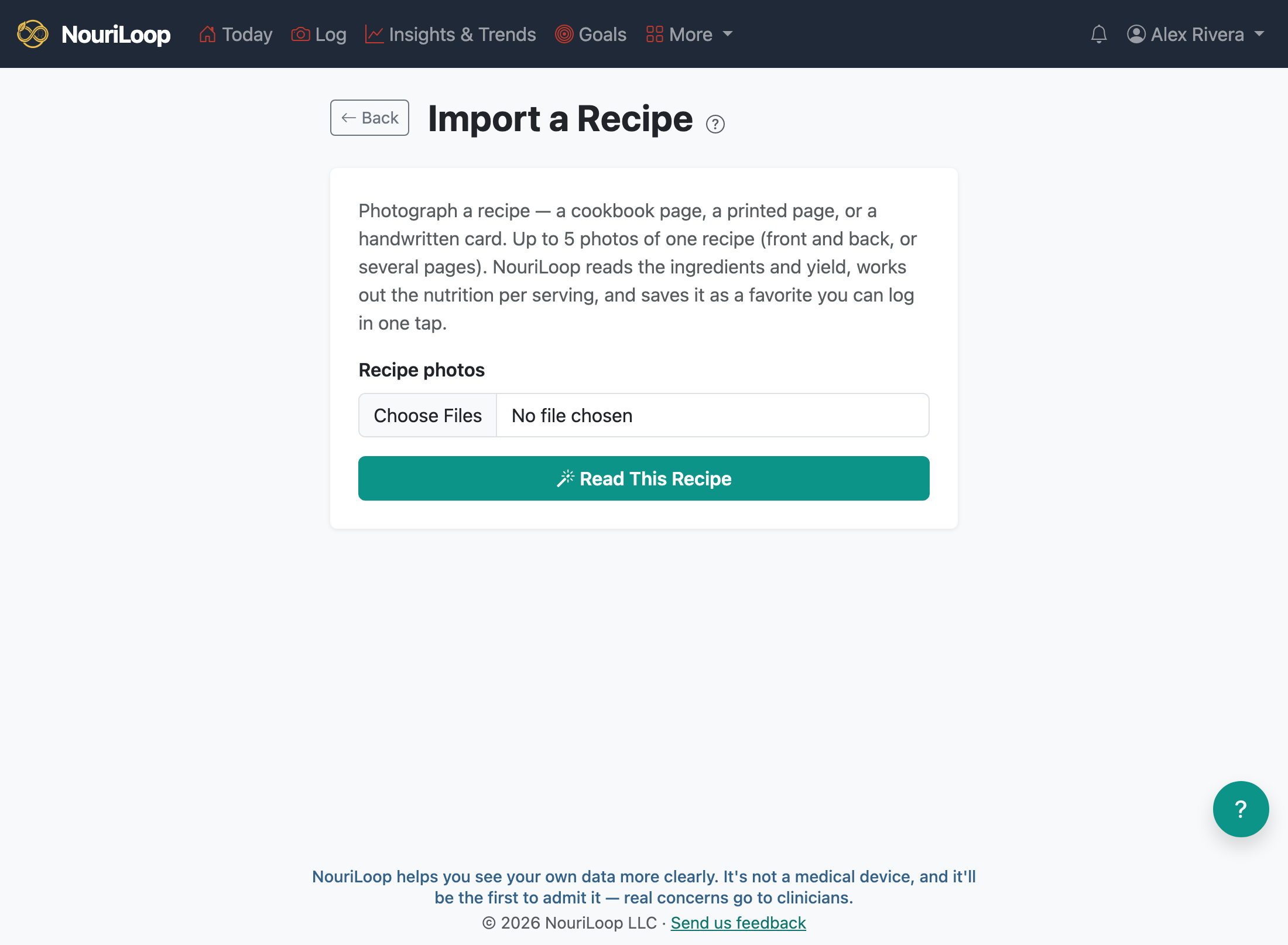 The Import a Recipe screen, where you upload photos of a recipe