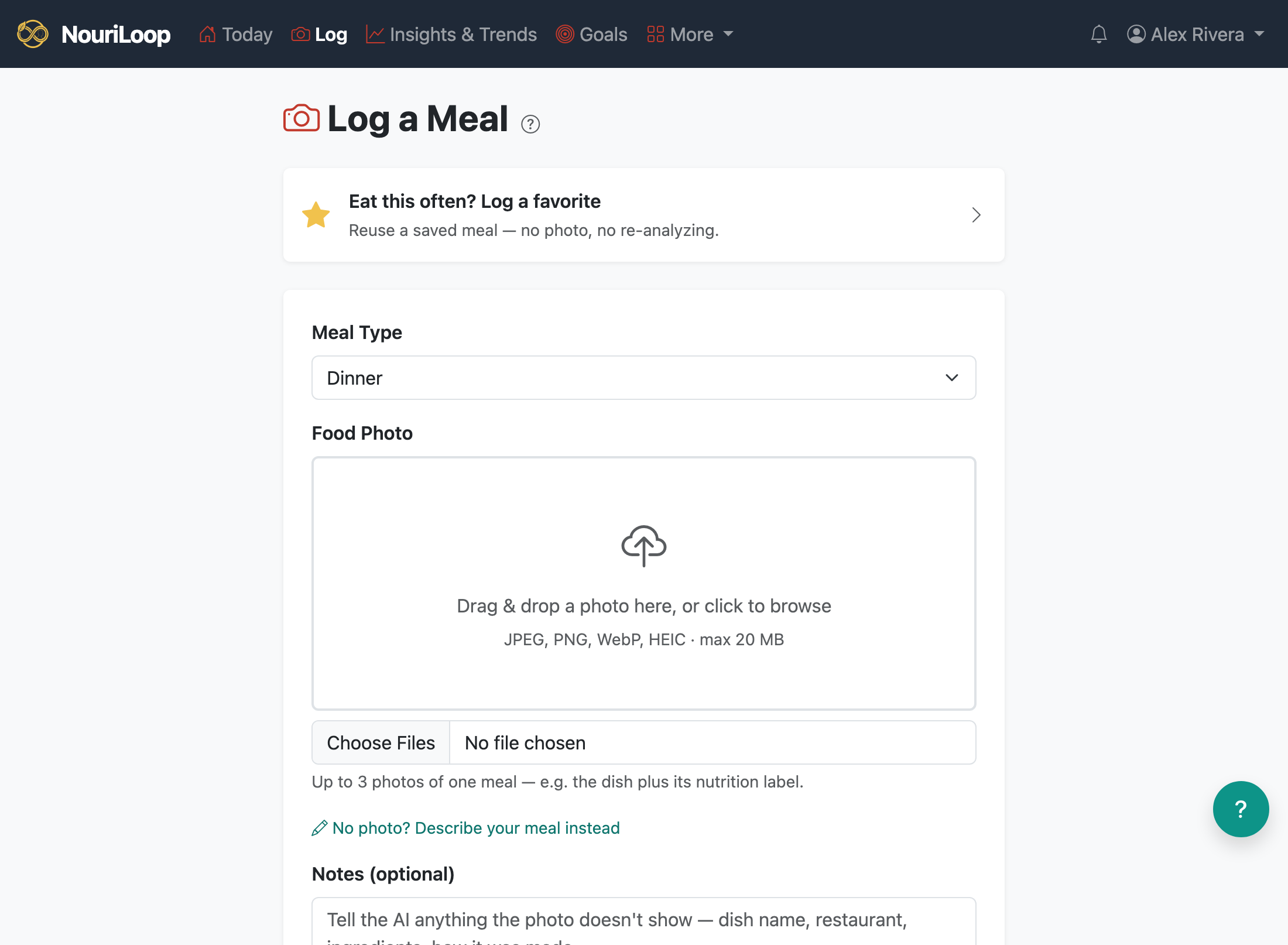 The Log a Meal screen — pick a meal type, add a photo, and add optional notes