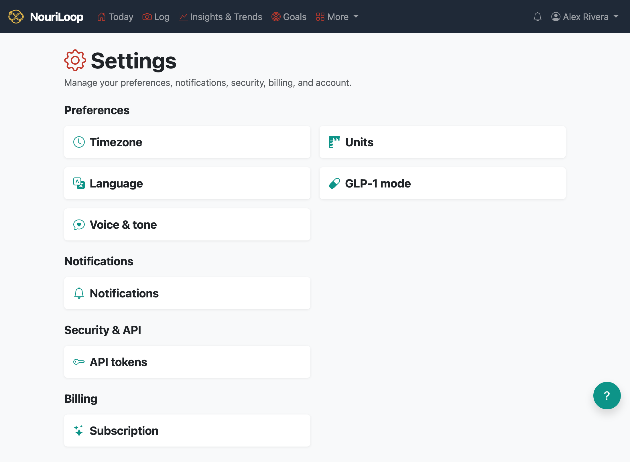The Settings hub — cards grouped into Preferences, Notifications, Security & API, Billing, and Account