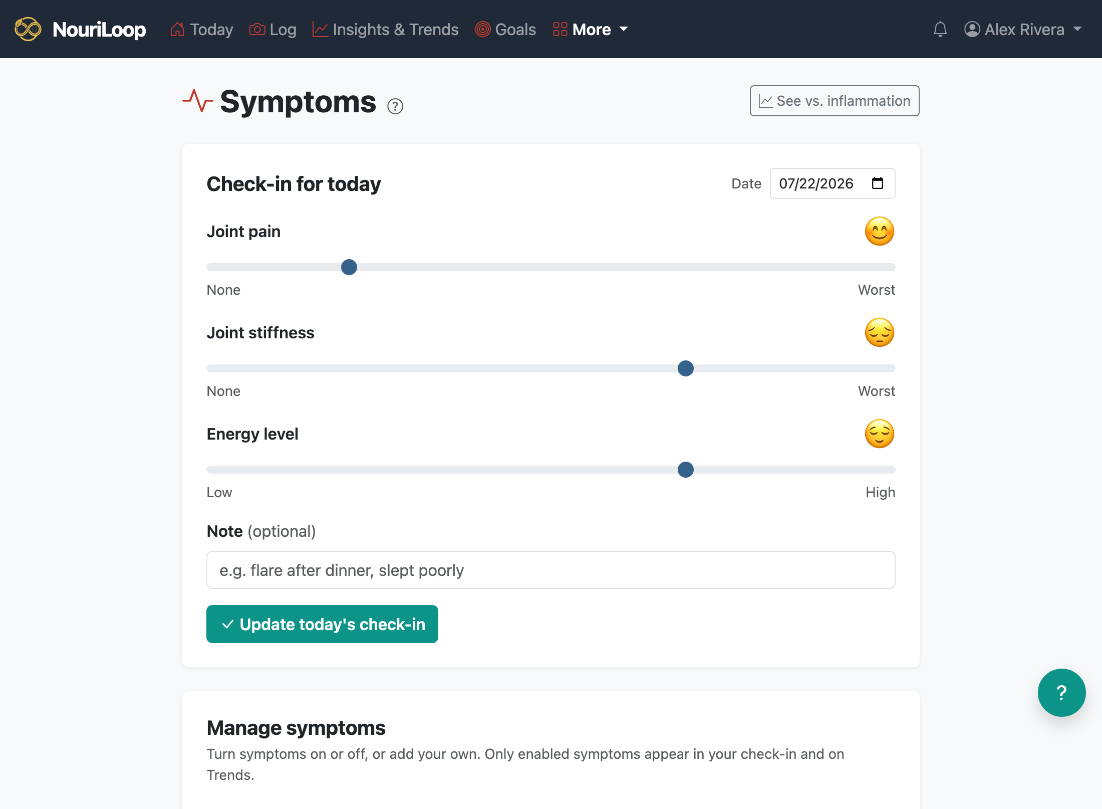 The Symptom Tracking page with a daily 0–10 slider per symptom