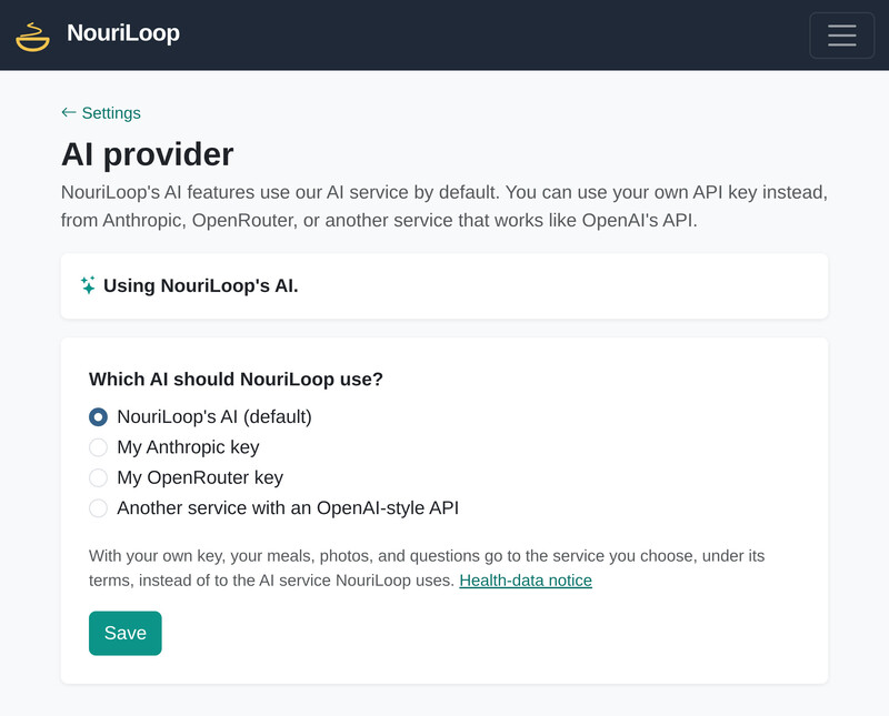 NouriLoop's AI provider settings, offering NouriLoop's AI, the user's own Anthropic key, an OpenRouter key, or another service with an OpenAI-style API.